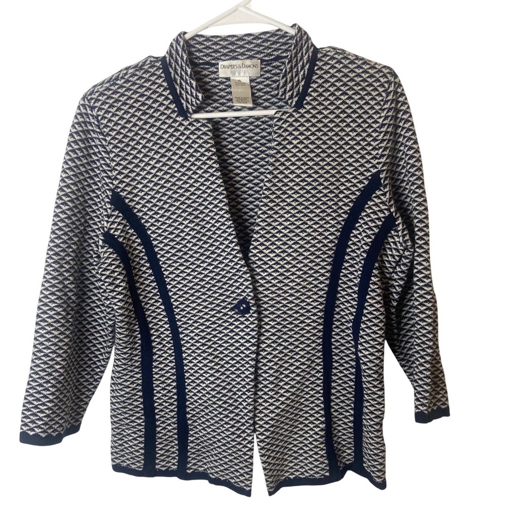 Drapers & Damons Petites Cardigan Sweater Navy‎ Blue White Geometric Knit PL
